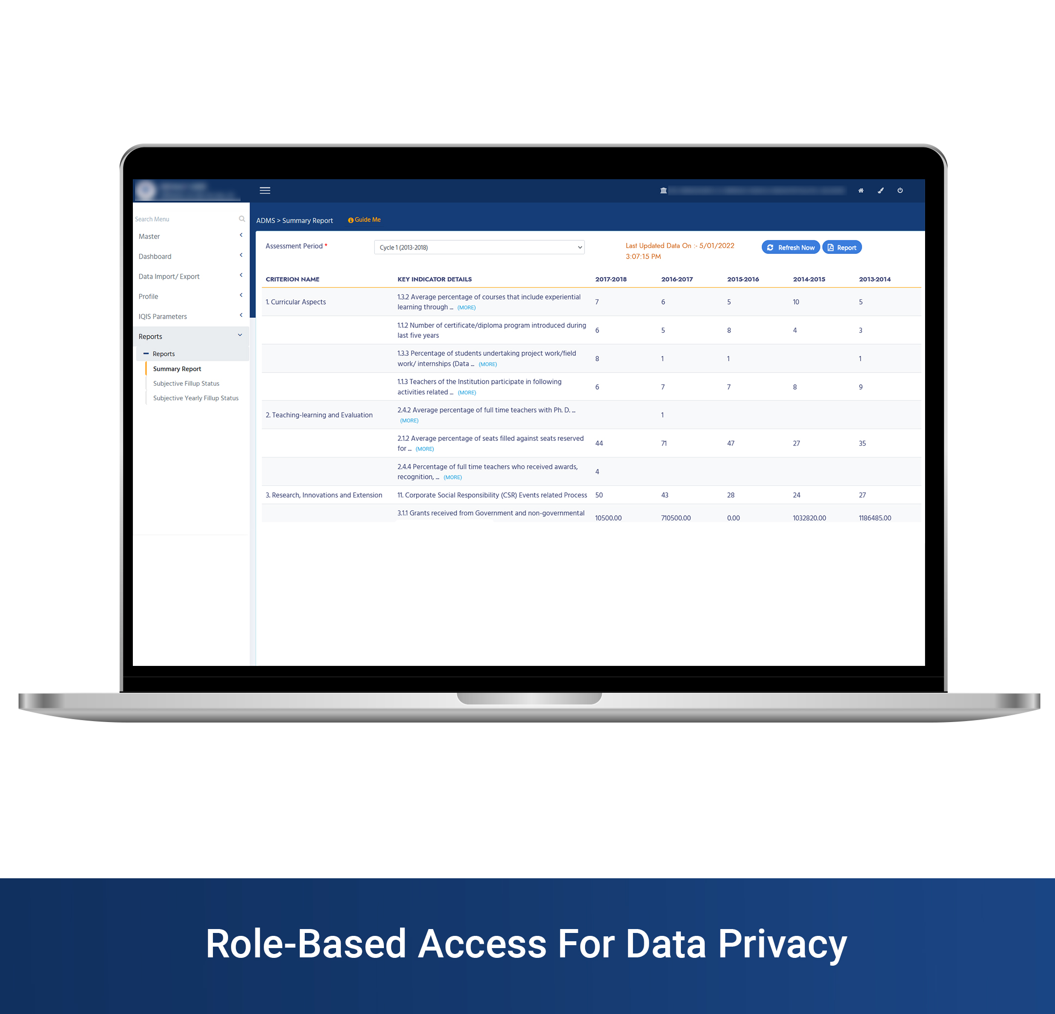 screenshot of Accreditation Data Management System